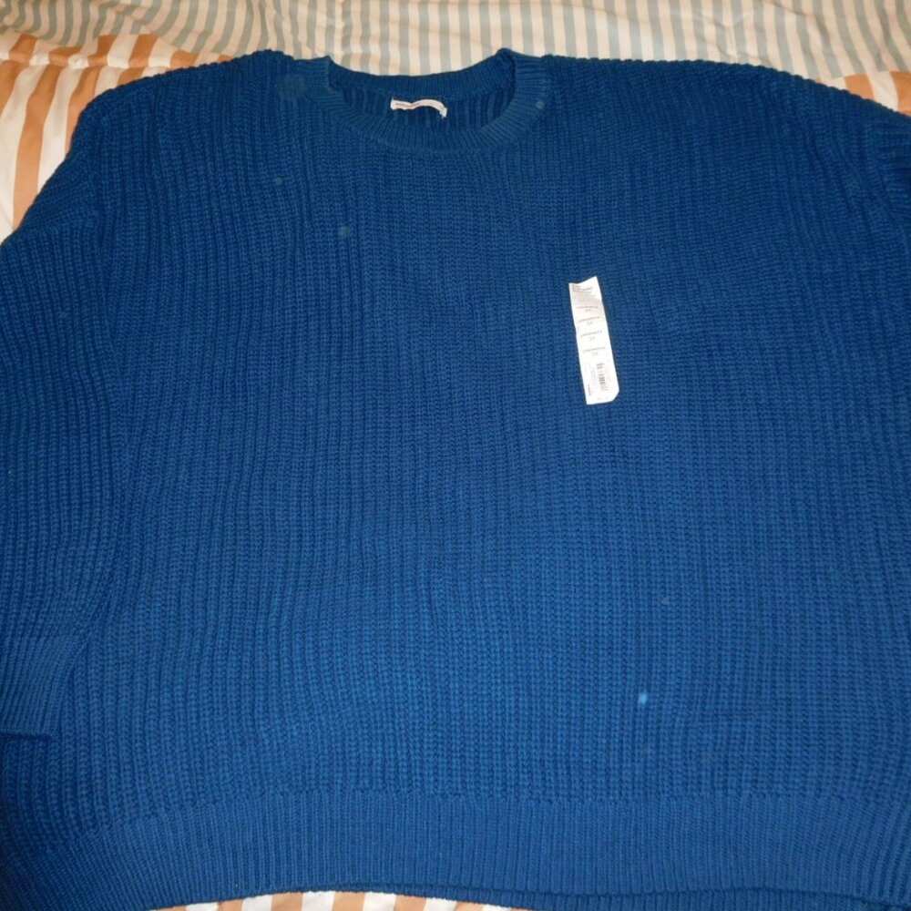 NWT 3X SONOMA THICK CABLE KNIT SWEATER CREW NECK BANDED BOTTOM TEAL BLUE
